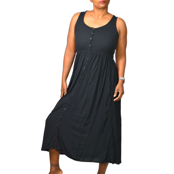 Frye Easy Button Front Dress Black Midi Minimalist Tank Jersey Pockets Rayon XS - Picture 9 of 16